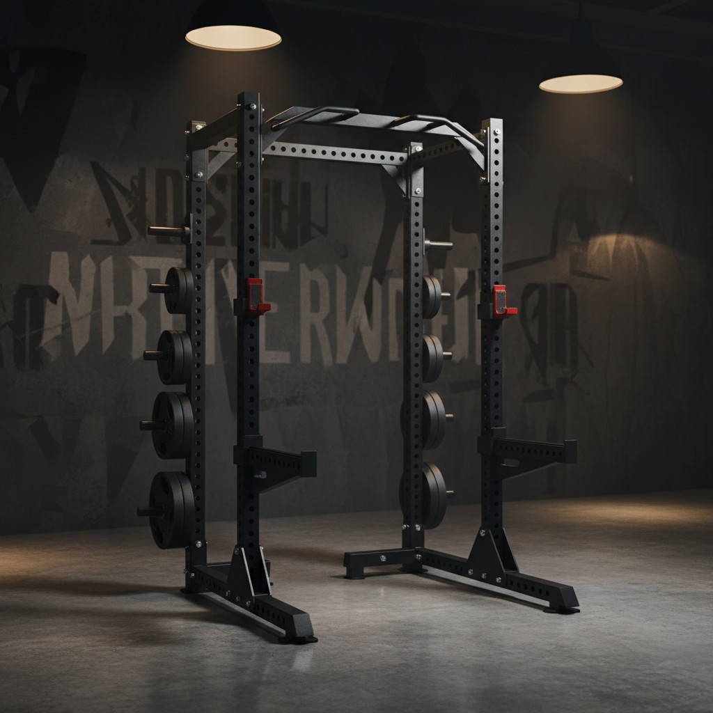 The image features a black power rack in the foreground, set against a dark gray wall with a white logo. The rear of the p...